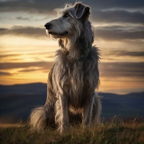 Chó Irish Wolfhound lớn, đứng trên đồng cỏ lúc hoàng hôn.